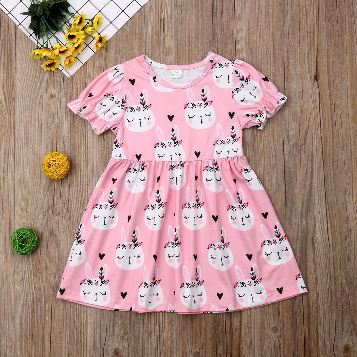 Toddler Kid Baby Girls Easter Dress Short Sleeve Easter Bunny Print Pink Dresses Clothes